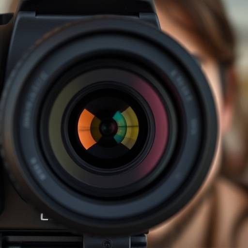 Close-up van een camera lens die zich focust op een lachend gezicht.