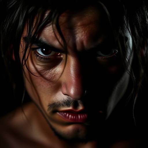 Dramatisch en artistiek portret met sterke contrasten, waarbij de nadruk ligt op texturen en diepe schaduwen.