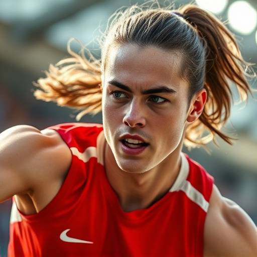 Een dynamisch portret van een sportpersoon, vastgelegd tijdens een actiemoment met energieke belichting.