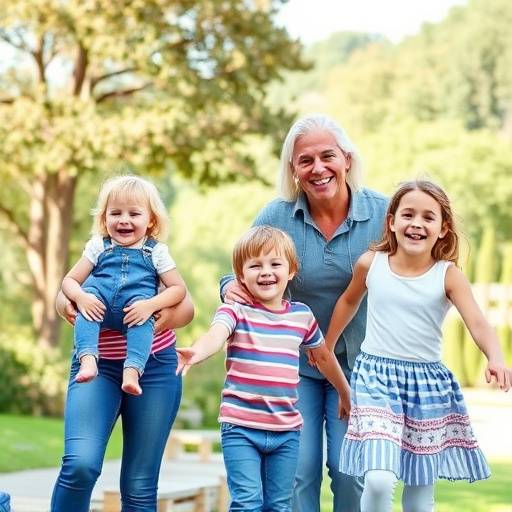 Een vrolijk familieportret in de buitenlucht, met spelende kinderen en ontspannen ouders.