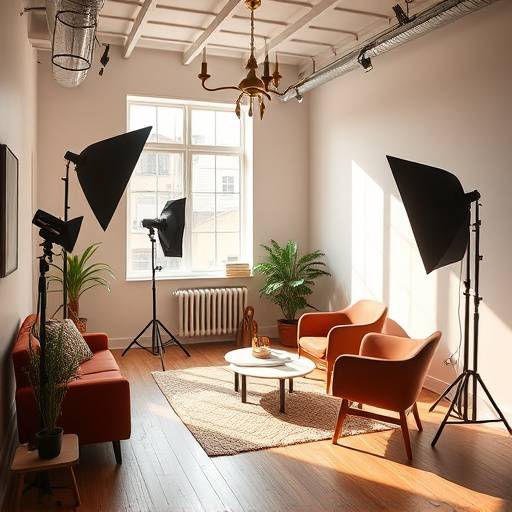 Een warme, door natuurlijk licht verlichte studio met een comfortabele zitgelegenheid, klaar voor een fotoshoot.