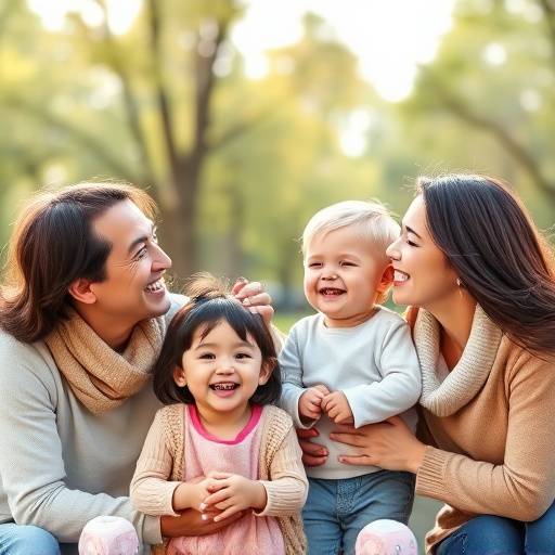 Een warme familiefoto met lachende ouders en kinderen in een park.