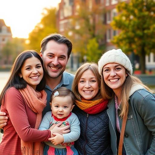 Familiefoto met warme kleuren en lachende gezichten in een park in Amsterdam