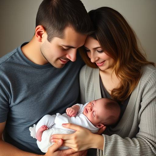 Intiem familieportret met ouders en hun pasgeboren baby, vastgelegd met zachte, natuurlijke belichting.