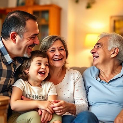Levendige familiefoto met drie generaties die samen lachen, vastgelegd in een warme, huiselijke sfeer.