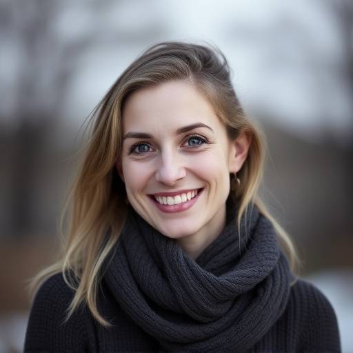 Portret van Anya Petrova, de oprichter en hoofdfotograaf van Aurora Studio, met een warme glimlach.