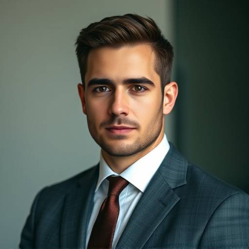 Professionele zakelijke portretfoto van een man in een strak pak, kijkend in de camera met een zelfverzekerde blik.