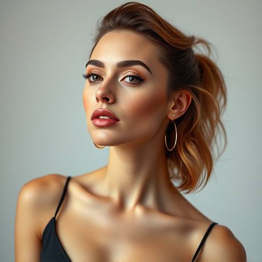 Stijlvol portret van een vrouw met een unieke persoonlijkheid, gefotografeerd in een minimalistische studio-omgeving.