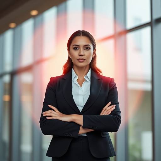 Zakelijk portret van een vrouwelijke CEO met een krachtige uitstraling en een moderne achtergrond.